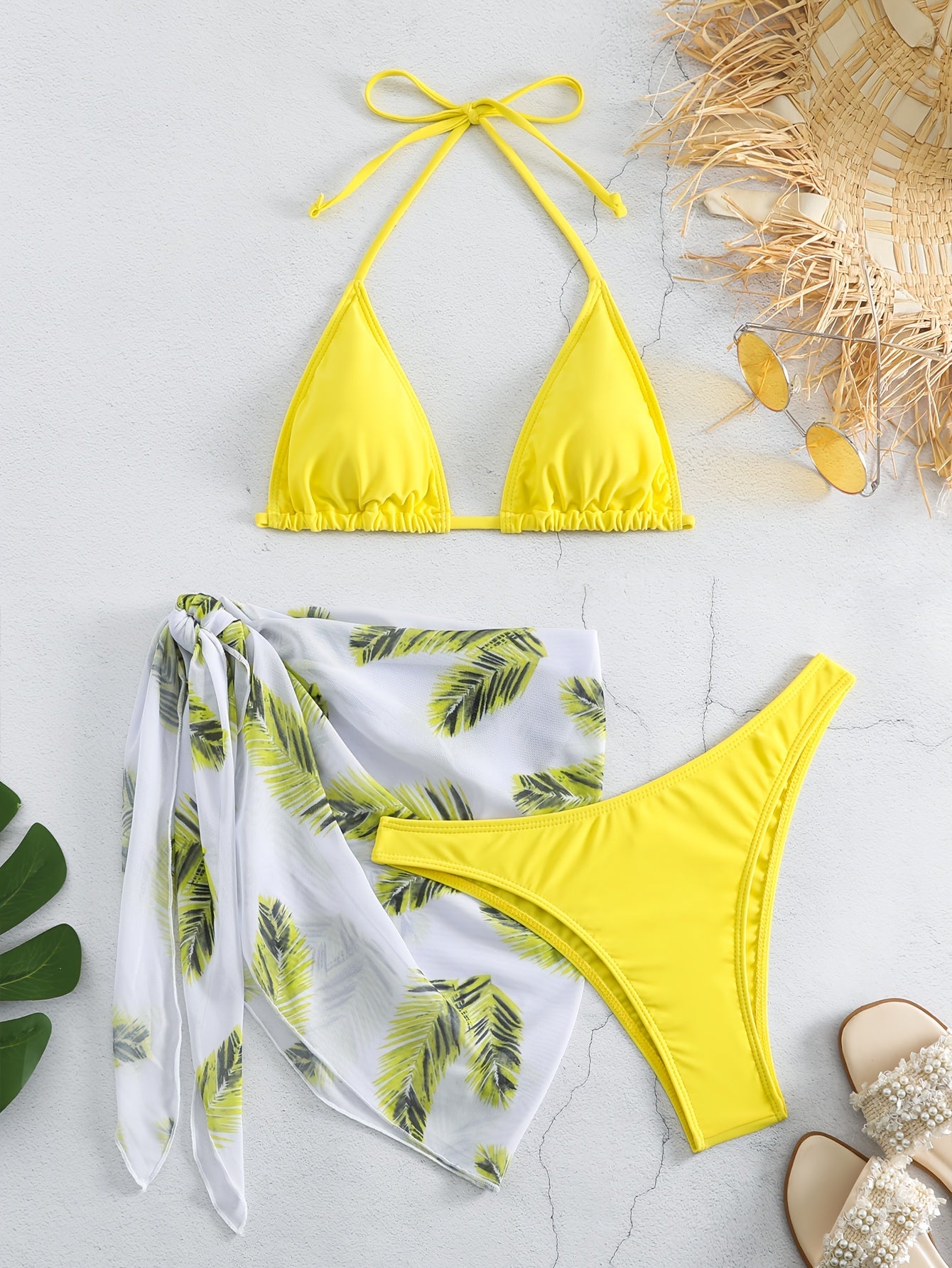 Feather Luxe 3-Piece Bikini Set – Exotic Feather Print Halter Neck Backless Swimsuit with High Cut Tie Back Bottoms and Wrap Cover-Up – Women’s High-Stretch Comfortable Swimwear for Summer Beach & Pool Vacations