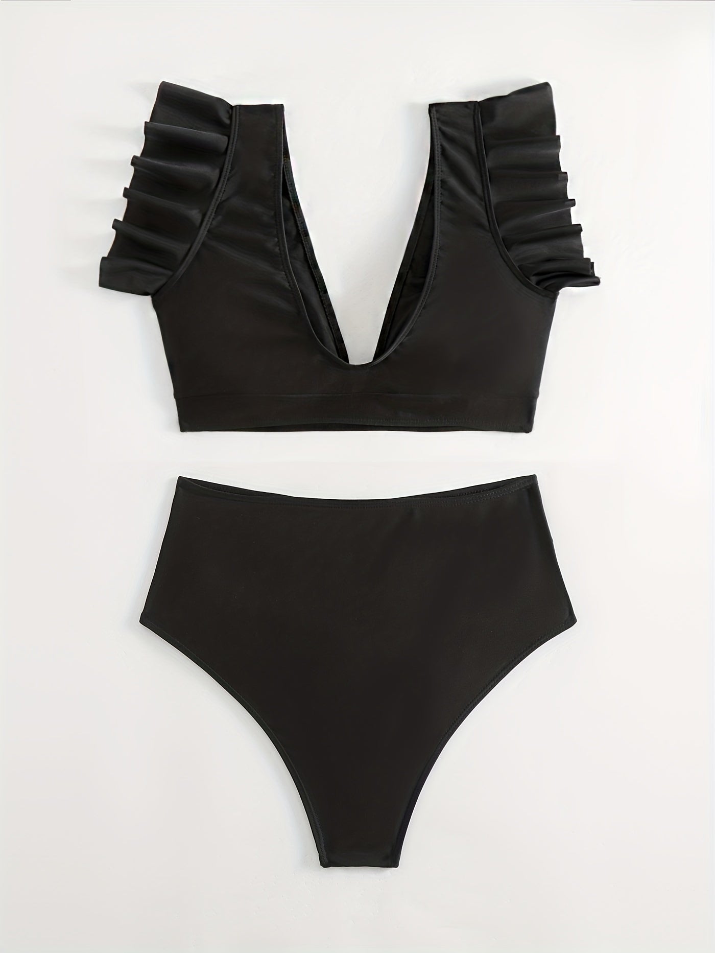 Bikini Black Solid Color Ruffle V Neck 2 Piece Swimsuit for Women – High Waisted Flattering Bikini Set with Lettuce Trim Bottoms – Sleek Stretchy Fabric Swimwear for Beach Days Poolside Style and Summer Vacation Looks