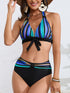 New Bikini Striped Bow Halter High Waist 2 Piece Swimsuit for Women – Colorful Backless Bikini Set with Knot Detail for Summer – Stretchy Retro-Inspired Summer Bathing Suit for Beach Vacation Pool Party Resort Look