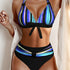 New Bikini Striped Bow Halter High Waist 2 Piece Swimsuit for Women – Colorful Backless Bikini Set with Knot Detail for Summer – Stretchy Retro-Inspired Summer Bathing Suit for Beach Vacation Pool Party Resort Look