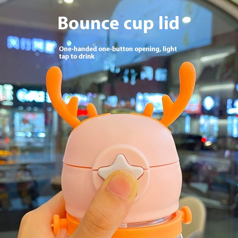 600ML Water Bottle Kids Drinking Cup Deer Antler Creative Cartoon Feeding Cup With Straw Leak Proof Water Bottle Outdoor Cartoon Horn Shaped Water Bottle With Straw And Handle Holder Removable Water Bottle For Easy Cleaning