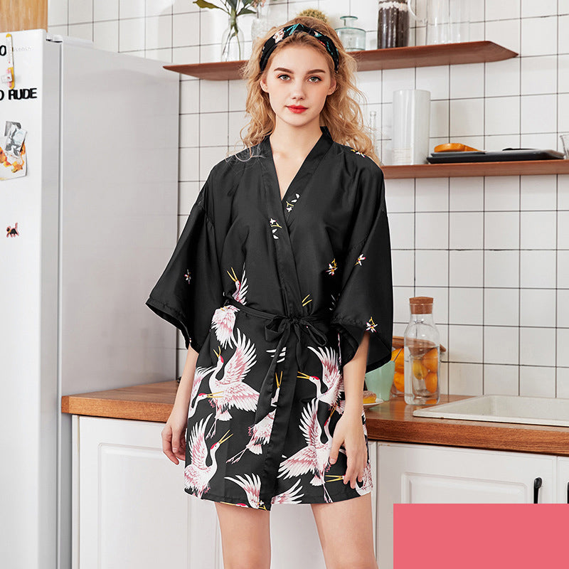 Lightweight Black Floral Birds Printed Women Bathrobe Elegant Design Floral Breathable Robe