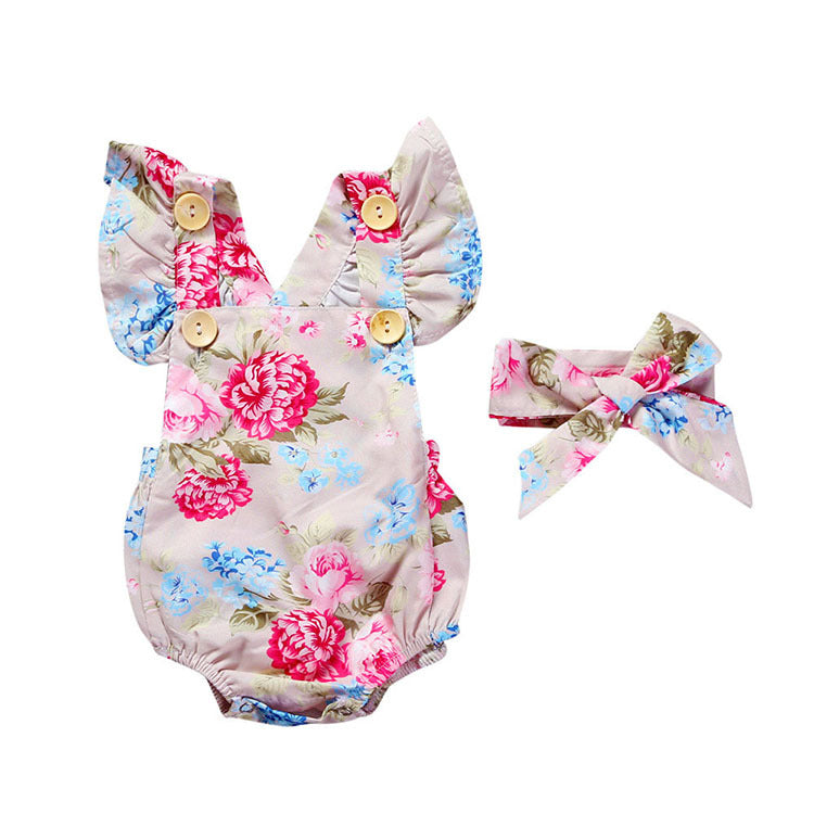 Baby Girls Summer Romper and Headband Jumpsuit Floral Sun suit Outfits 2 pieces With Bow In Modern Floral Design