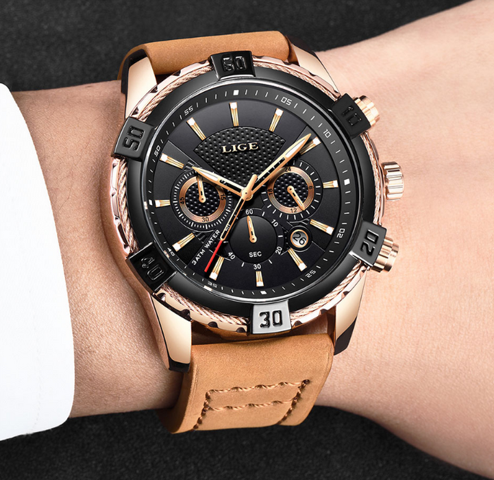 Men's Waterproof Watch With Chronometers Date Display Gold Detail Excellent Background Perfect Gift