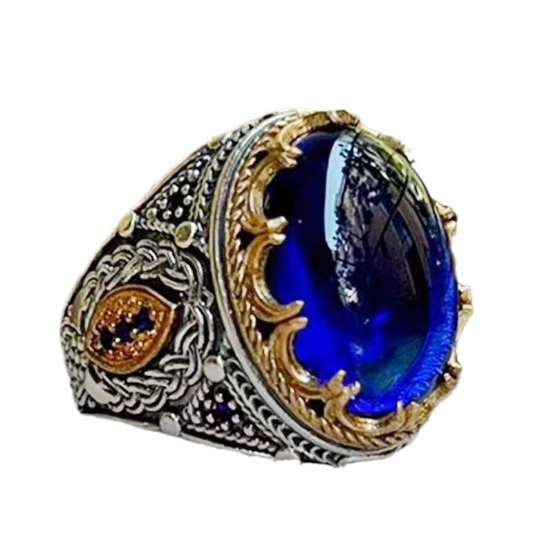 Real 925 Sterling Silver Men Rings Oval Natural Agate Stone Rings Castle Thai Silver Men Rings Turkish Wedding  Jewelry Rings Artisan Diamond Blue Gem Carved Ring