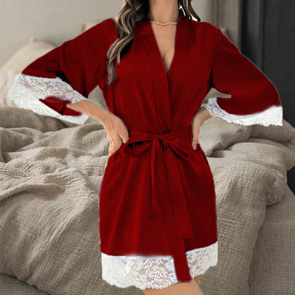 Lightweight Pink Women Sleepwear Classic Design Silk Bathrobe Lace Trim Bridesmaid Bride Party Robes