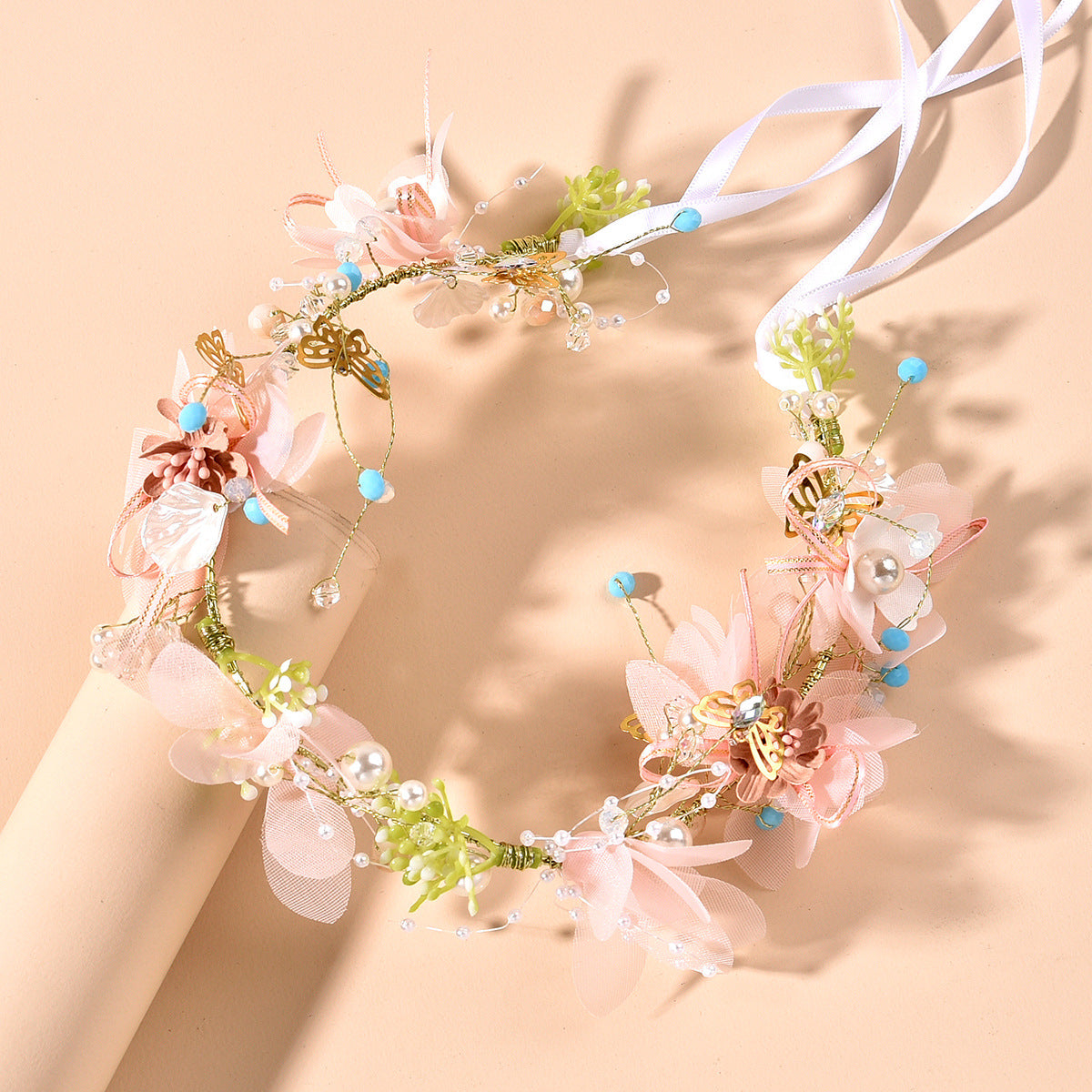 New High Quality Spring Pearl Crowns Beach Hawaii Floral Garland Romantic Faux Rose Wedding Wreaths Flower Headband Girl Bride Rose Flower Crown Wedding Festival Headband