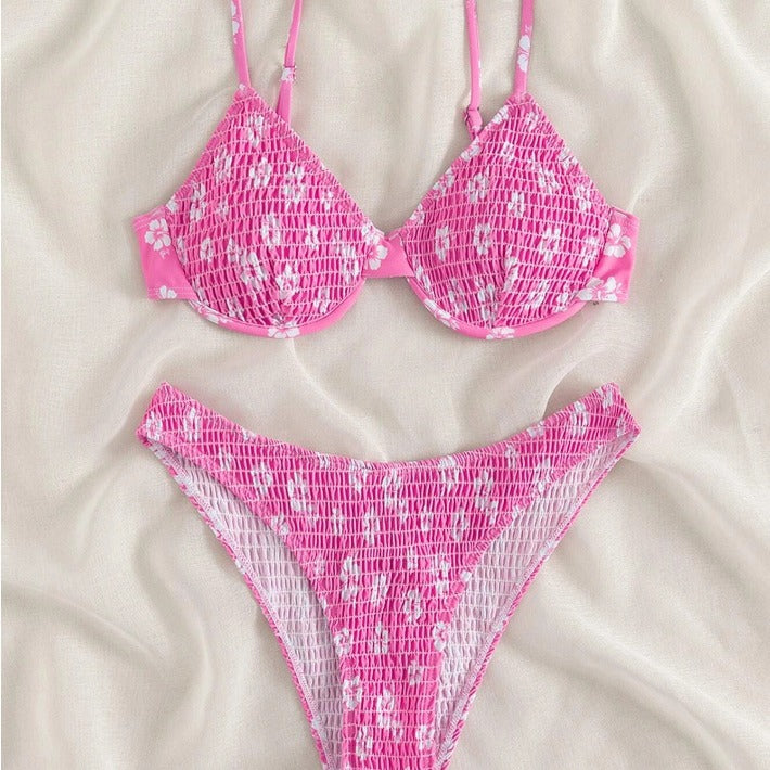 Bikini Ditsy Floral Tie Front Bandeau V Neck 2 Piece Swimsuit for Women – High Cut Cheeky Bikini Set with Hollow Out Detail and Stretchy Polyamide Fabric – Flirty Summer Beachwear for Poolside Style and Tropical Getaways