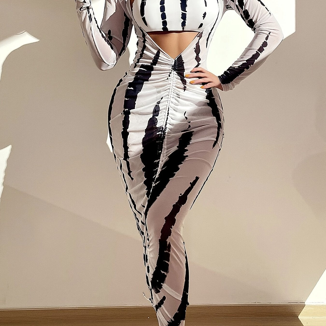 Horizon Haze 3-Piece Tie Dye Bandeau Bikini Set for Women – Strapless Tube Top with Long Sleeve Semi-Sheer Cover-Up Dress for Summer – Artistic Stripe Print Swimwear Ensemble for Bold Summer Fashion