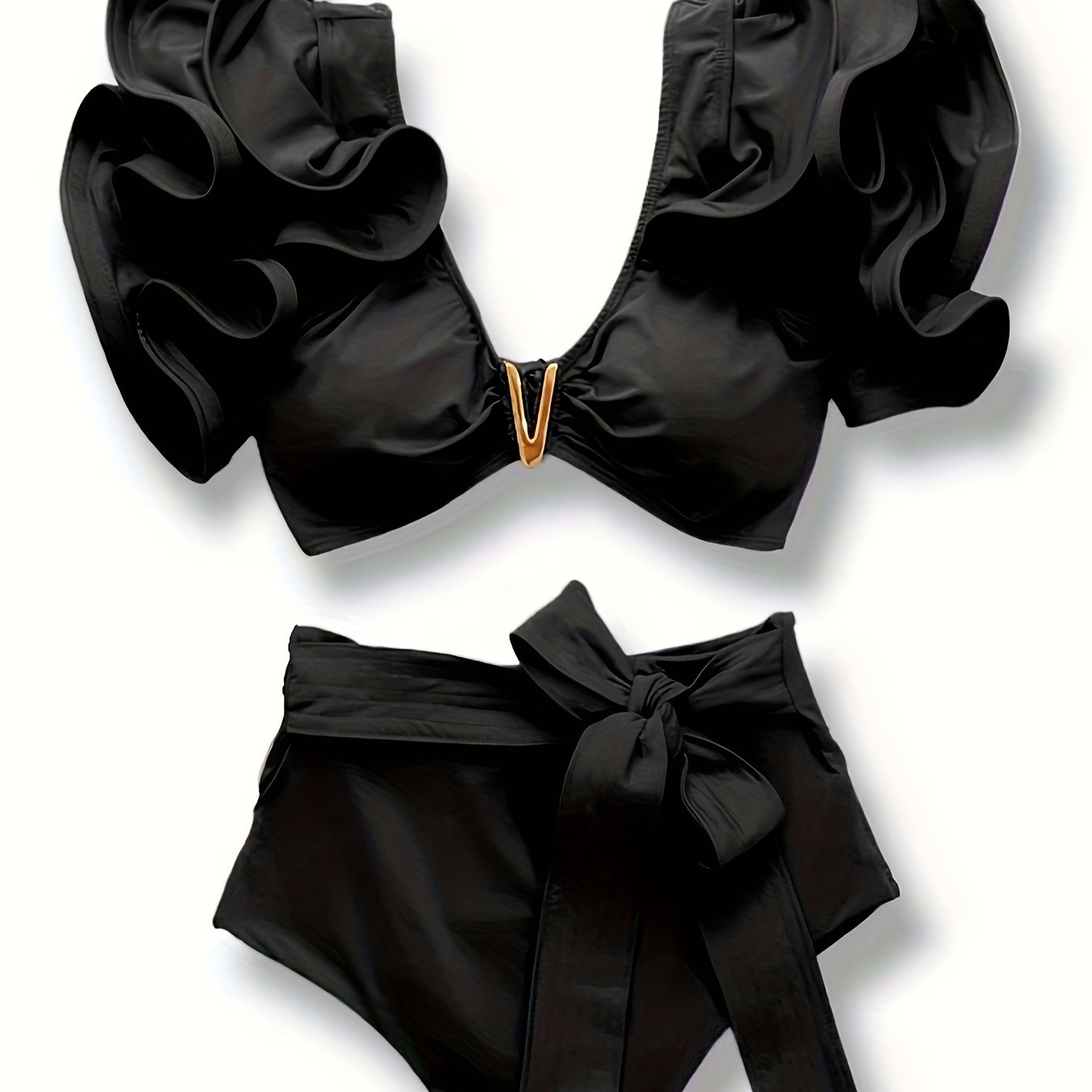 New Vibrant Ruffle V-Notch Bikini Set – Flattering Tie Front Design with High Waist & High Cut Bottoms – Solid Color Two-Piece Swimsuit for Women’s Valentine’s Day Beachwear Poolside Lounging & Summer Escapes