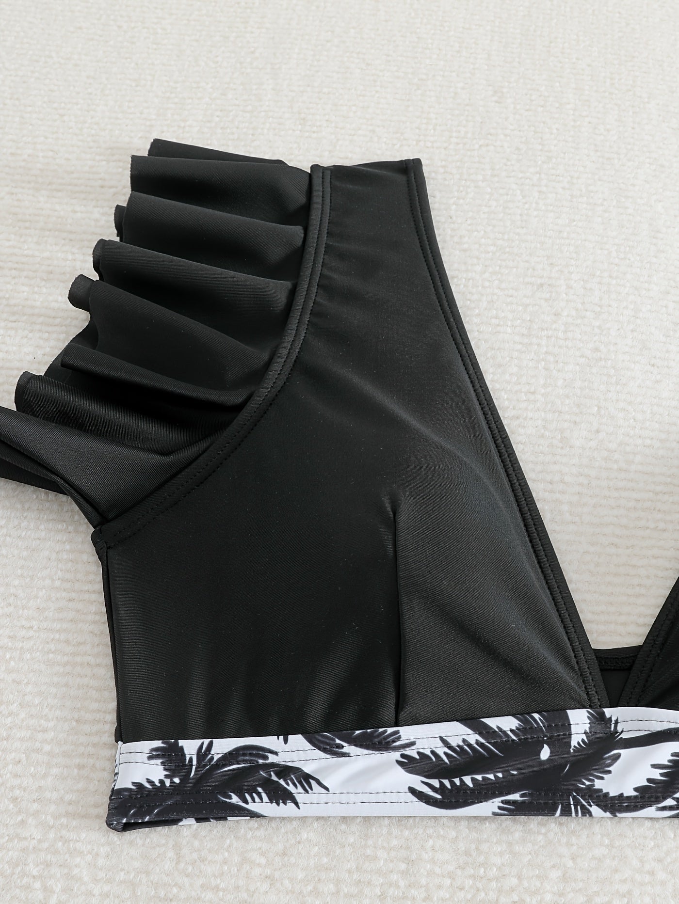 Bikini Black Solid Color Ruffle V Neck 2 Piece Swimsuit for Women – High Waisted Flattering Bikini Set with Lettuce Trim Bottoms – Sleek Stretchy Fabric Swimwear for Beach Days Poolside Style and Summer Vacation Looks