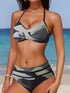 Bikini Camo Print 2 Piece High Cut Halter Swimsuit for Women – Vibrant V Neck Backless Bikini Set with Ruched Detail – Comfortable Stretchy Swimwear for Beach Pool and Summer Vacation