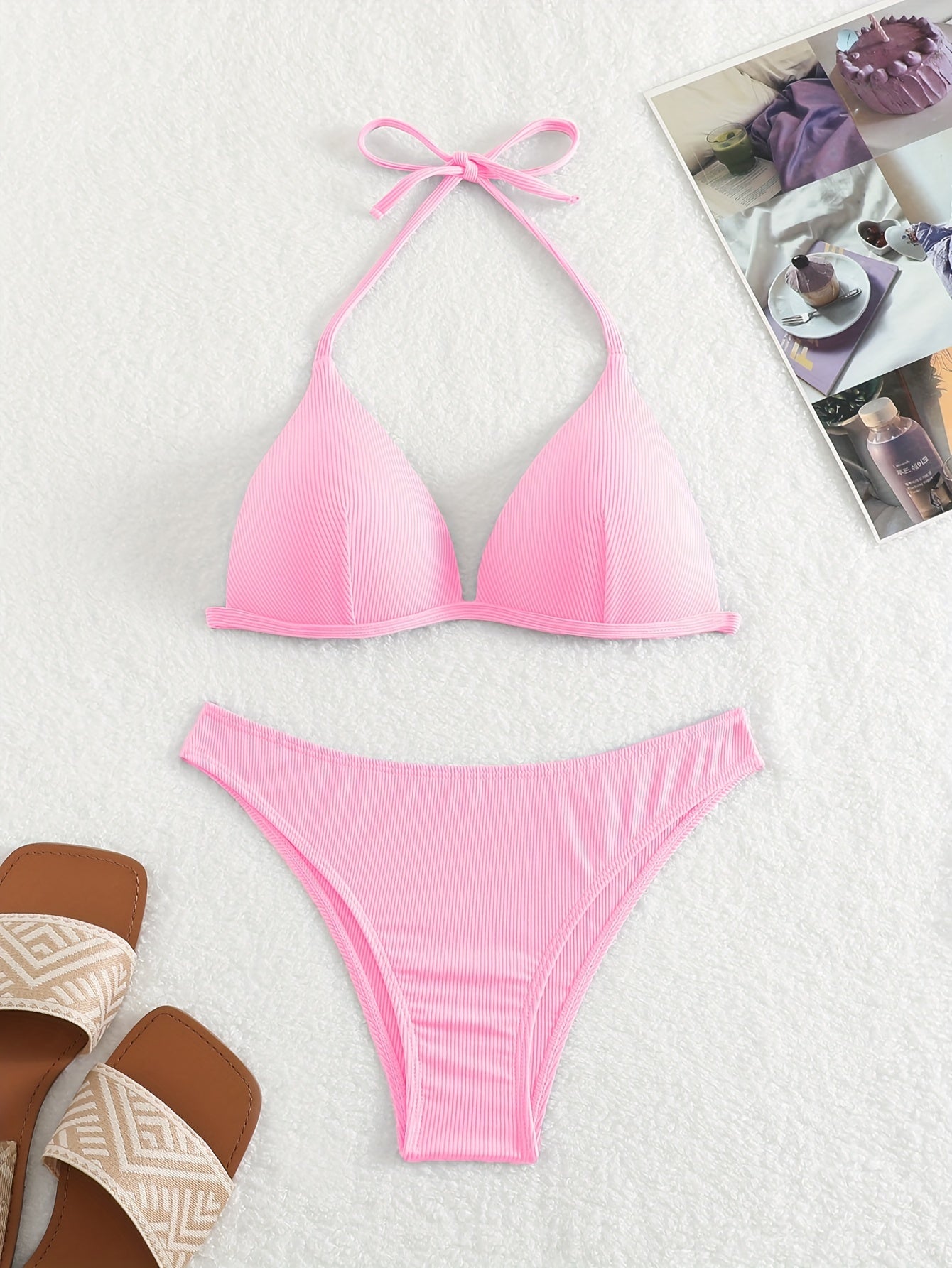 Bikini Rib Knit Solid Color Triangle 2 Piece Swimsuit for Women – Adjustable Tie Back Halter Bikini Set with Spaghetti Straps – High Stretch Polyester Swimwear for Summer Beachwear Poolside Relaxation and Tropical Vacation