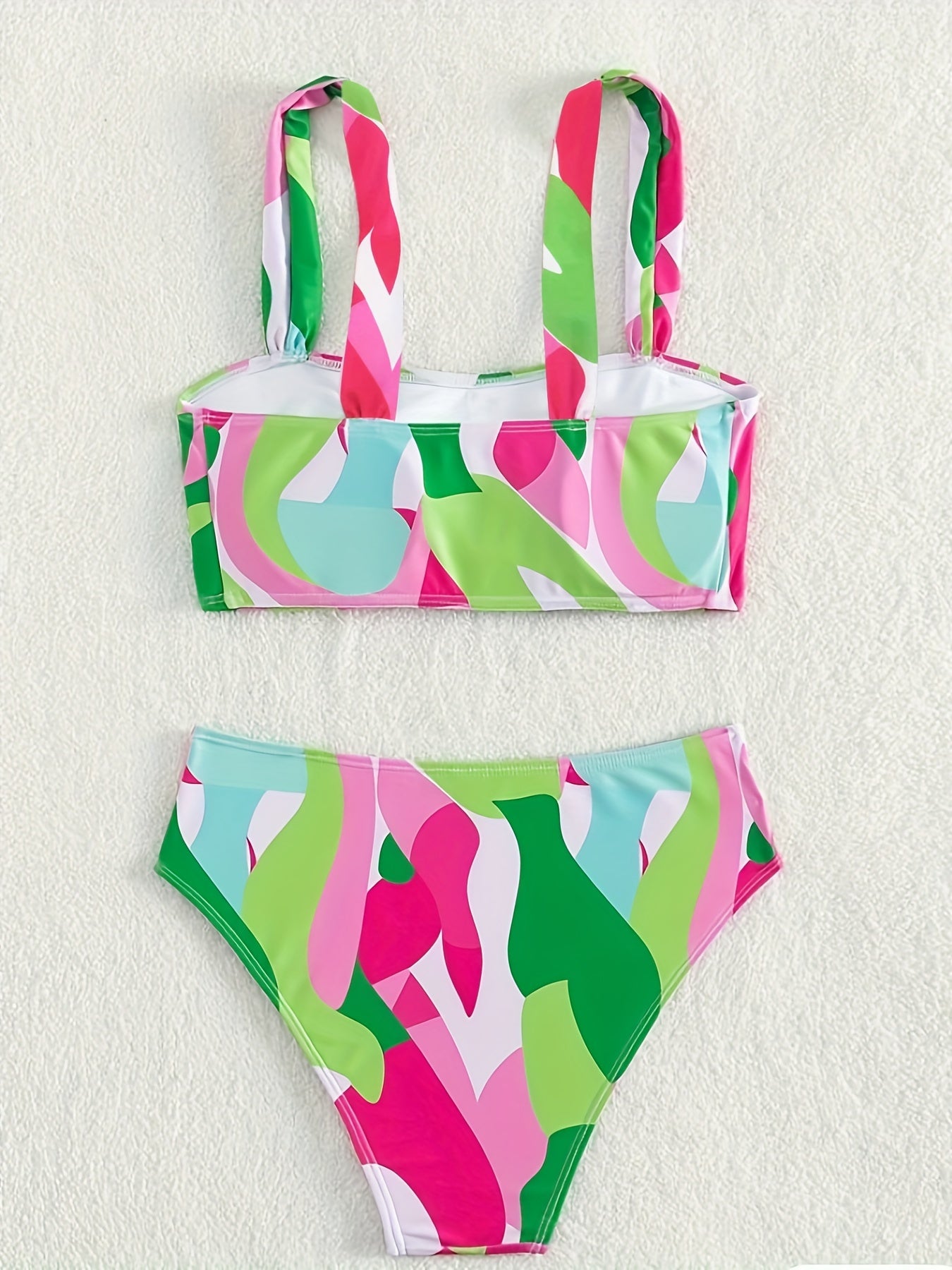 Bikini Abstract Print High Waisted 2 Piece Swimsuit for Women – Stylish Bandeau Unique Bikini Set with Adjustable Straps and Quick-Dry Stretch Fabric – Flattering Summer Swimwear for Beach Days Poolside Lounging and Vacation Style