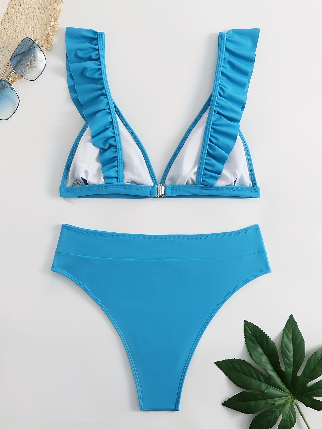 New Elegance Curve V-Neck Bikini Set – Sleek Solid Color High Waist Swimsuit with High-Cut Leg and Delicate Lettuce Trim – Stretch Comfort and Easy-Care Two-Piece Swimwear for Women’s Poolside Style