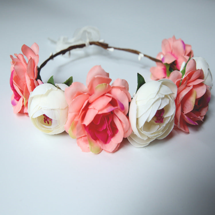Spring Pearl Crowns Beach Hawaii Floral Garland Romantic Faux Rose Wedding Wreaths Flower Headband Girl Bride Rose Flower Crown Wedding Festival Headband