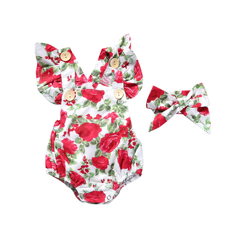 Baby Girls Summer Romper and Headband Jumpsuit Floral Sun suit Outfits 2 pieces With Bow In Modern Floral Design