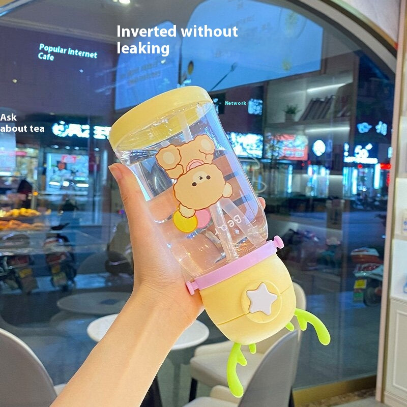 600ML Water Bottle Kids Drinking Cup Deer Antler Creative Cartoon Feeding Cup With Straw Leak Proof Water Bottle Outdoor Cartoon Horn Shaped Water Bottle With Straw And Handle Holder Removable Water Bottle For Easy Cleaning