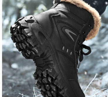 Brown Soft Winter Warm Leather Mens Boots Fur Snow Boots Outdoor Winter Casual Shoes Rubber Ankle Boots Non Slip Fur Lined Boots Leather Comfortable Mens Mountain Shoes