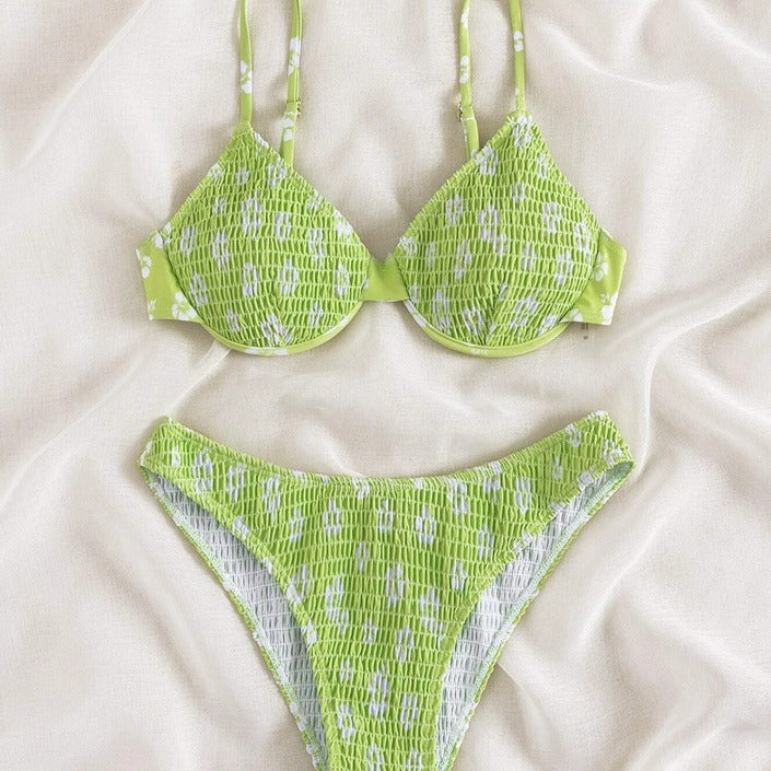 Bikini Ditsy Floral Tie Front Bandeau V Neck 2 Piece Swimsuit for Women – High Cut Cheeky Bikini Set with Hollow Out Detail and Stretchy Polyamide Fabric – Flirty Summer Beachwear for Poolside Style and Tropical Getaways