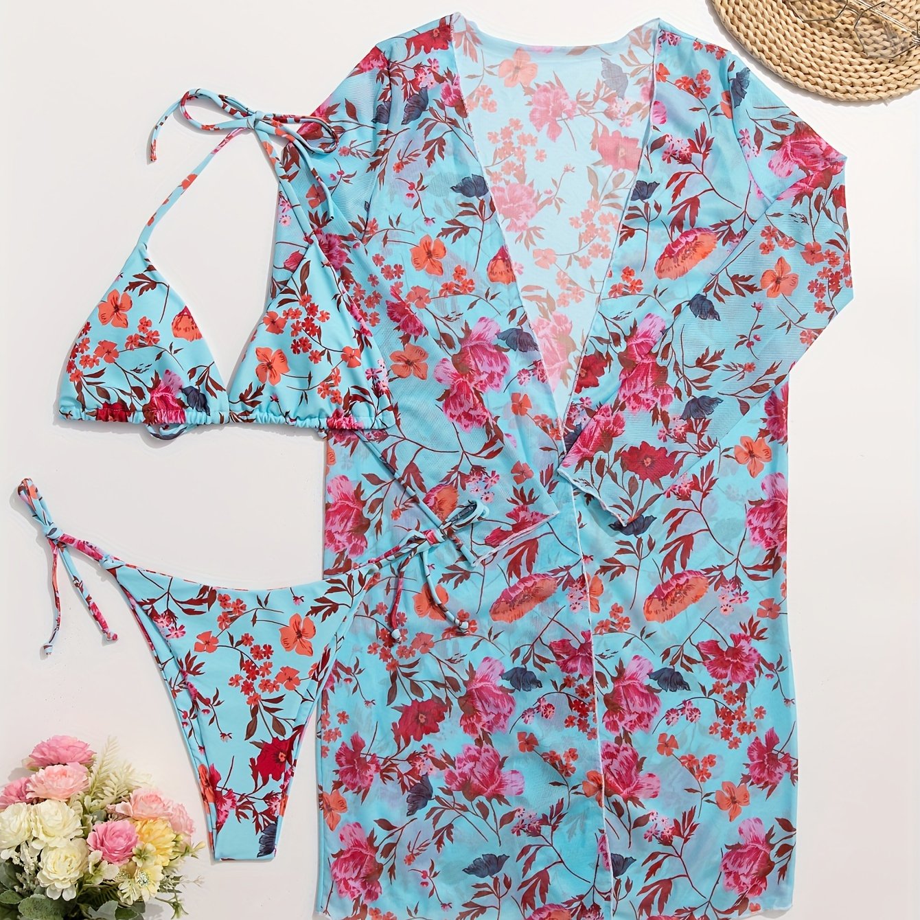 Bikini European Style Floral Print 3 Piece Swimsuit Set for Women – Sexy V Neck Bikini with Cross Strap Detail and Matching Long Sleeve Cover-Up – High Stretch Trendy Swimwear for Summer Beach Vacations Resort Looks and Poolside Fashion