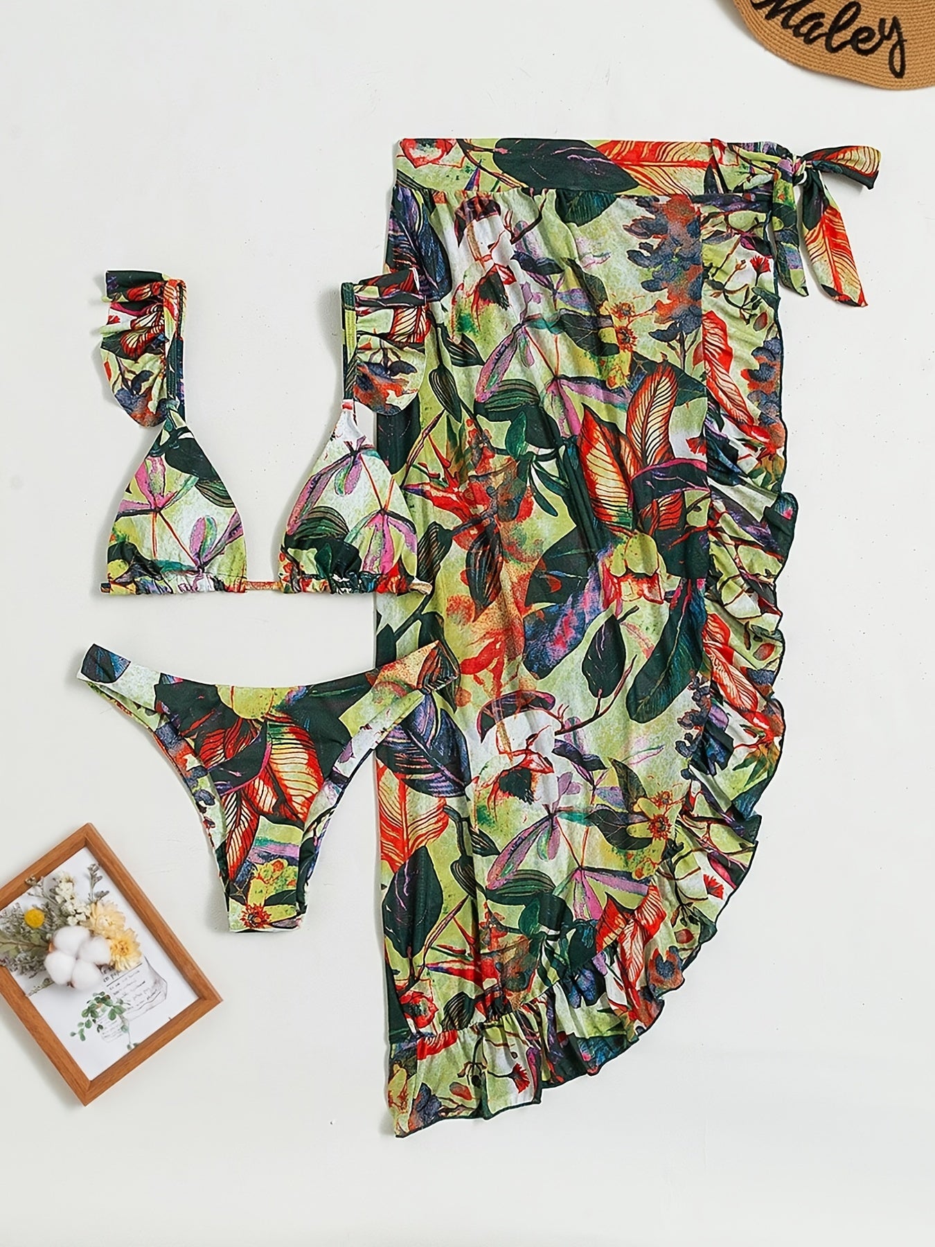 Bloom Breeze 3-Piece Bikini Set – Elegant High Cut Floral Fluttering Swimsuit with Lettuce Trim Tie Back Bandeau and Coordinating Cover Up Skirt – Women's Romantic Swimwear for Beach & Resort Vacations