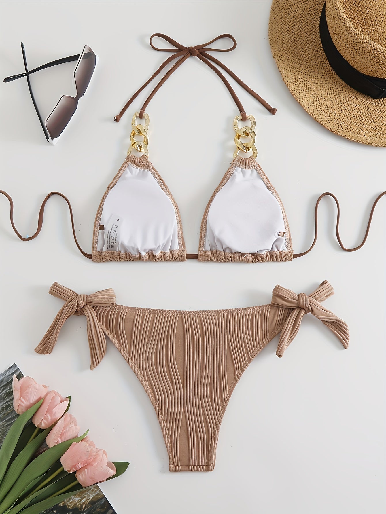 Bikini Ruched Texture Golden Chain 2 Piece Triangle Swimsuit for Women – Striped Halter Bikini Set with Bow Tie Side and Elegant Ring Link Detail – Stretchy Beachwear for Pool Bathing and Summer Vacations