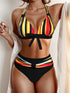 New Bikini Striped Bow Halter High Waist 2 Piece Swimsuit for Women – Colorful Backless Bikini Set with Knot Detail for Summer – Stretchy Retro-Inspired Summer Bathing Suit for Beach Vacation Pool Party Resort Look