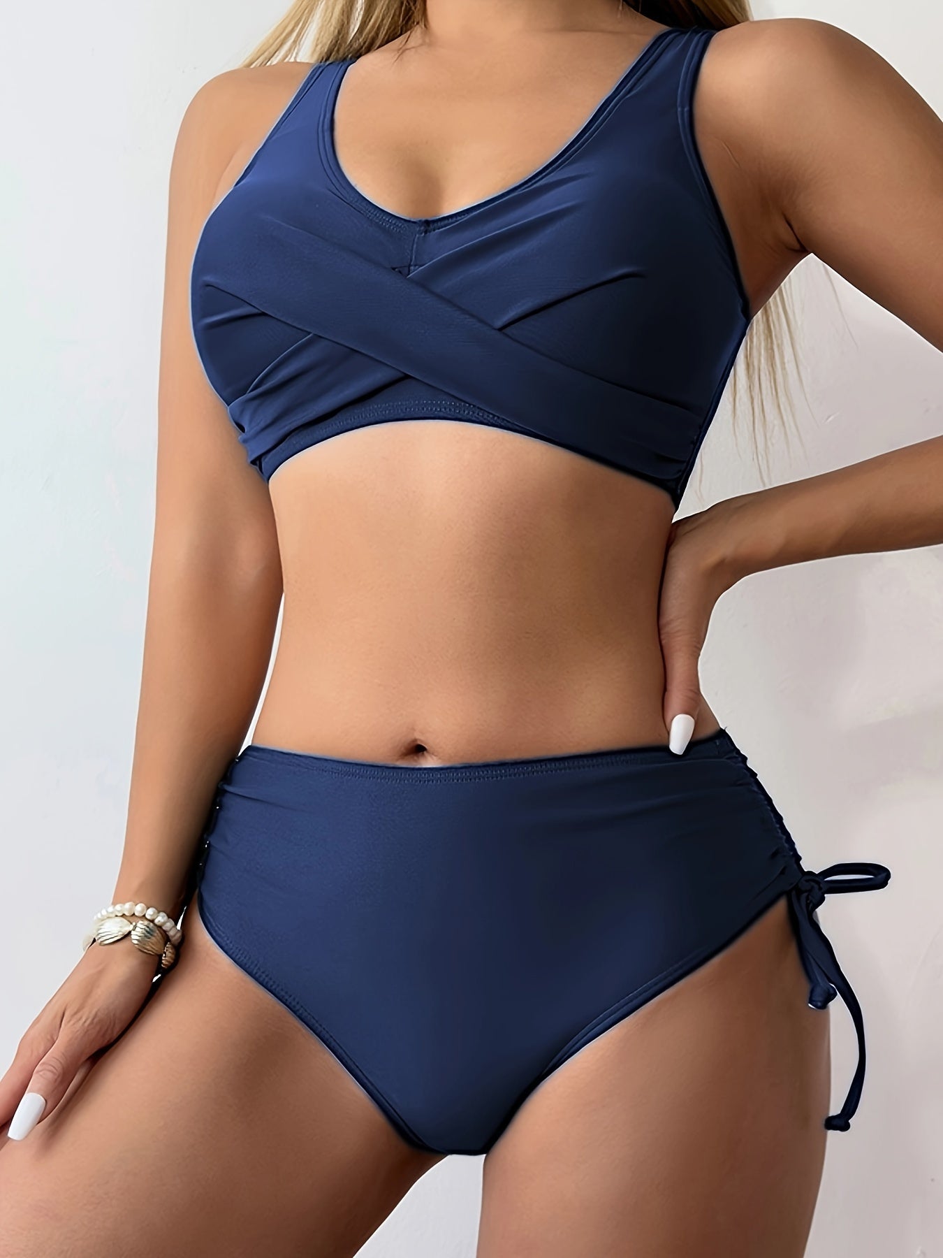 Bikini Twist Front V Neck High Waist 2 Piece Bikini Set for Women – Stretchy Tie Back Swimsuit with Drawstring Lace Up and Comfortable Fit – Trendy Solid Color Swimwear for Beach Days Pool Parties and Summer Vacations