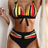 New Bikini Striped Bow Halter High Waist 2 Piece Swimsuit for Women – Colorful Backless Bikini Set with Knot Detail for Summer – Stretchy Retro-Inspired Summer Bathing Suit for Beach Vacation Pool Party Resort Look