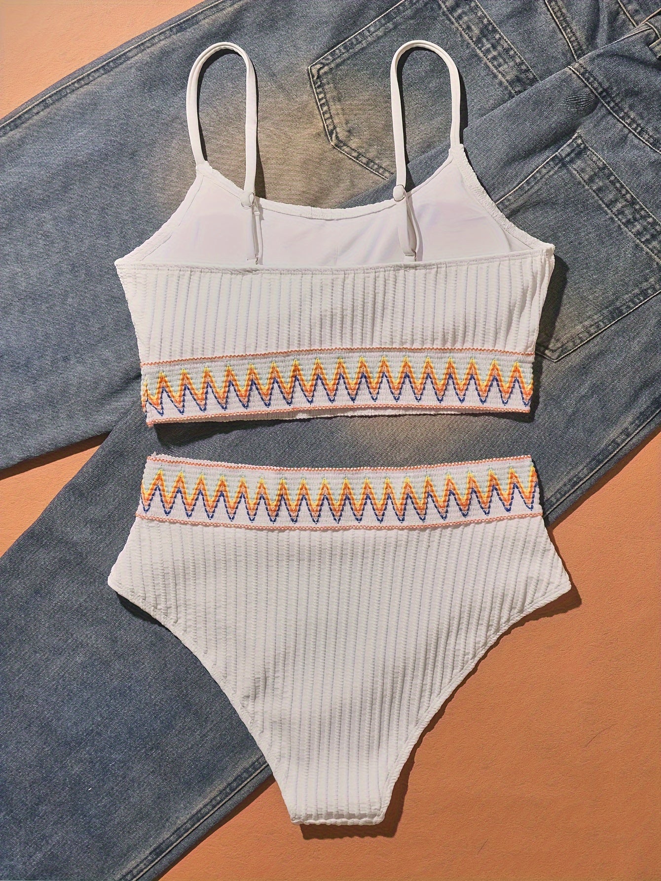 Bikini Scoop Neck High Waist 2 Piece Swimsuit for Women – Chic Solid Color Bikini Set with Contrast Band Detail – Stretchy Comfortable Flattering Swimwear for Beach Pool and Summer Vacation