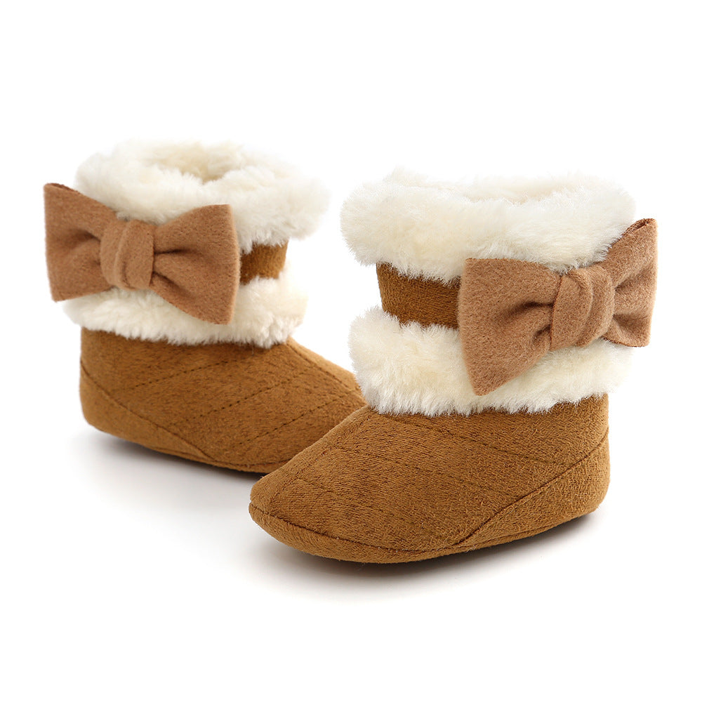 Newborn Autumn And Winter Bowknot Snow Boots Baby Shoes Baby Boots Cotton Boots Baby's Shoes Toddler Shoes Infant Baby Girls Winter Warm Crown Fur Mid-Calf Length Slip-On Furry Boots 0-18M
