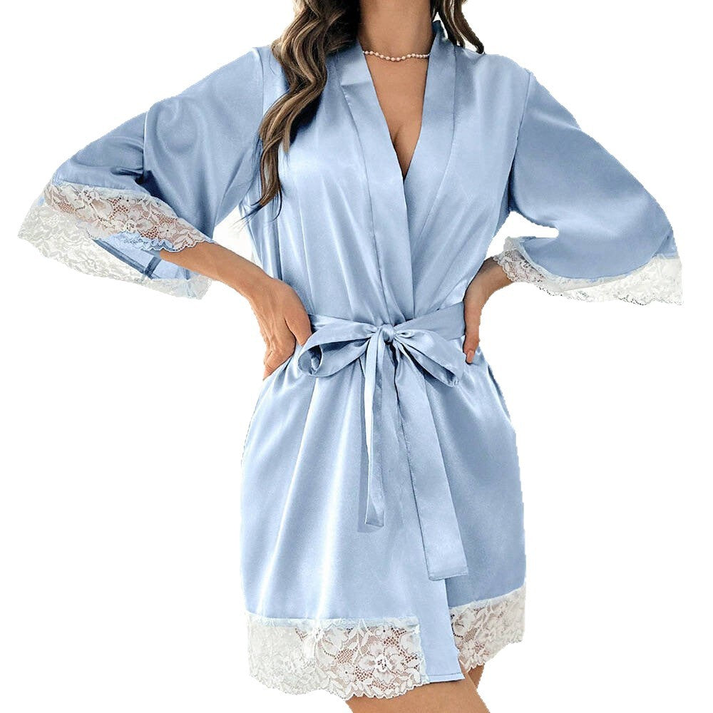 Lightweight Pink Women Sleepwear Classic Design Silk Bathrobe Lace Trim Bridesmaid Bride Party Robes