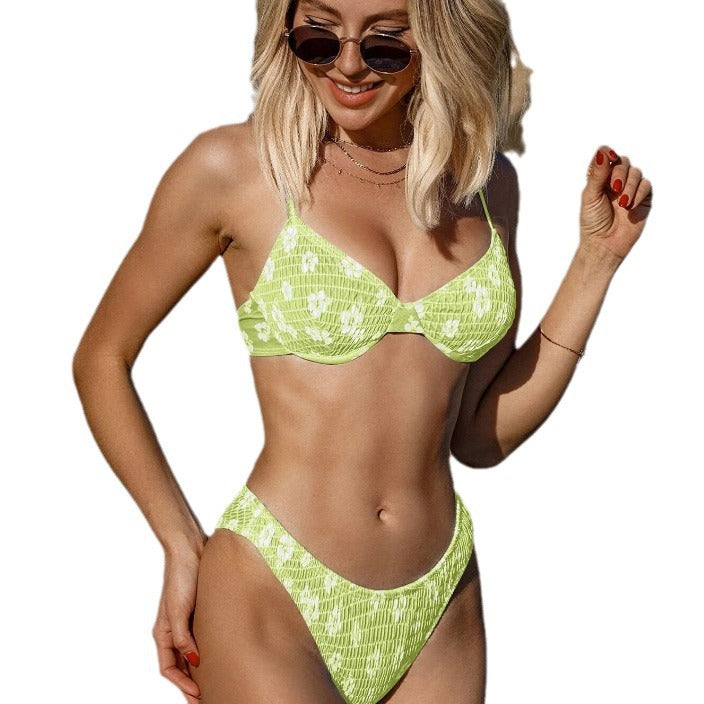Bikini Ditsy Floral Tie Front Bandeau V Neck 2 Piece Swimsuit for Women – High Cut Cheeky Bikini Set with Hollow Out Detail and Stretchy Polyamide Fabric – Flirty Summer Beachwear for Poolside Style and Tropical Getaways