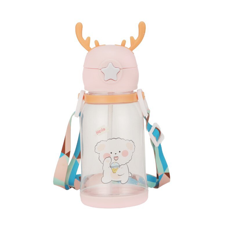 600ML Water Bottle Kids Drinking Cup Deer Antler Creative Cartoon Feeding Cup With Straw Leak Proof Water Bottle Outdoor Cartoon Horn Shaped Water Bottle With Straw And Handle Holder Removable Water Bottle For Easy Cleaning