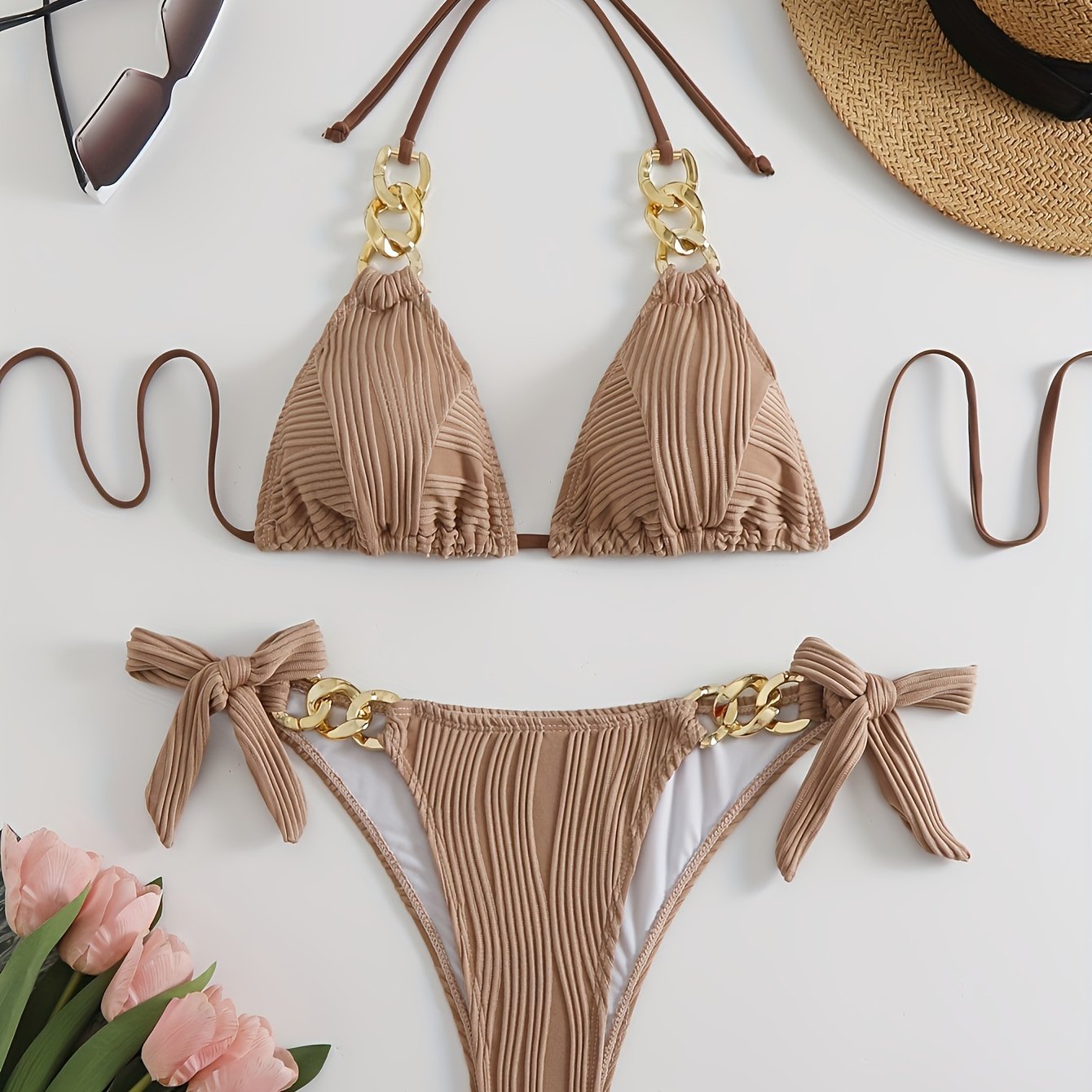 Bikini Ruched Texture Golden Chain 2 Piece Triangle Swimsuit for Women – Striped Halter Bikini Set with Bow Tie Side and Elegant Ring Link Detail – Stretchy Beachwear for Pool Bathing and Summer Vacations