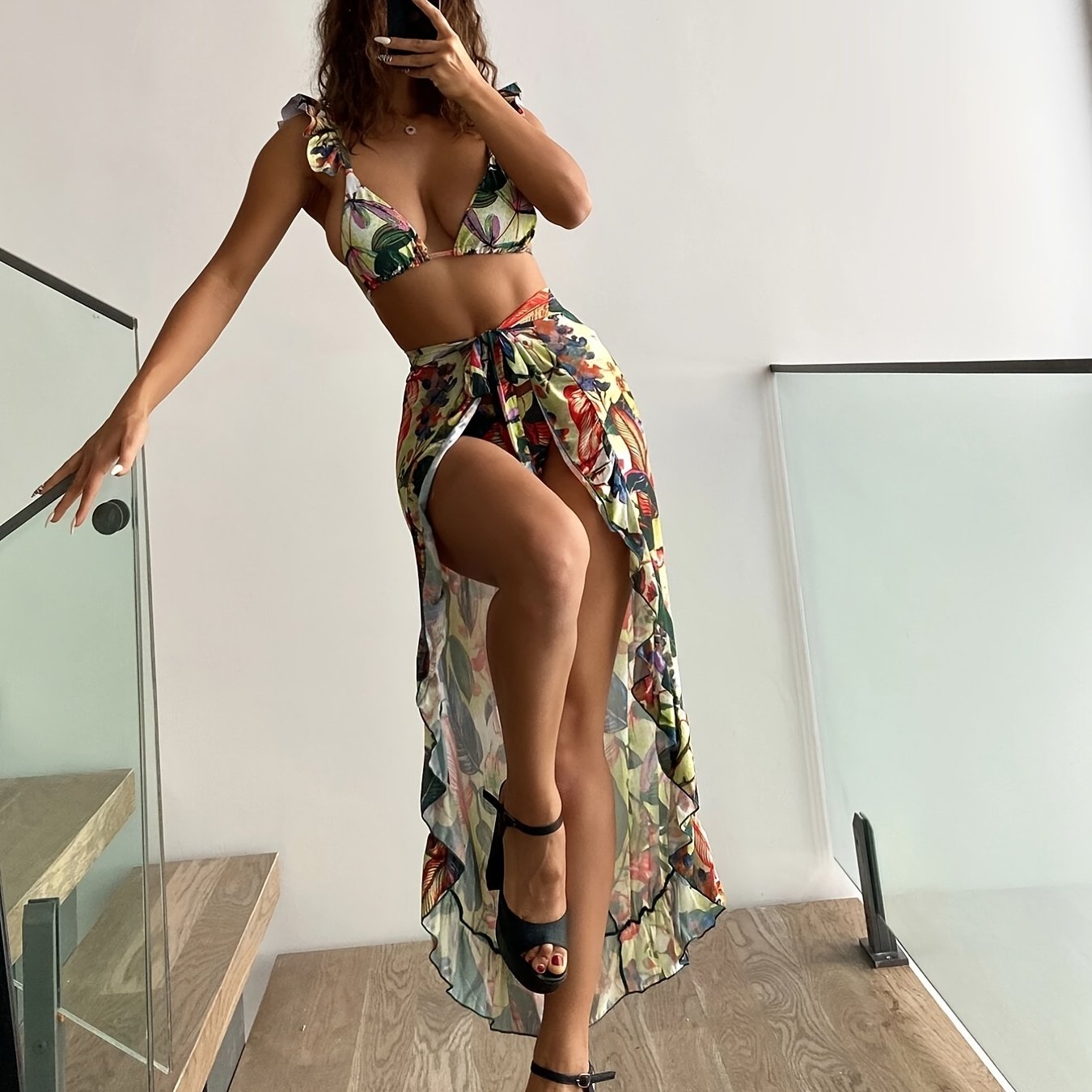 Bloom Breeze 3-Piece Bikini Set – Elegant High Cut Floral Fluttering Swimsuit with Lettuce Trim Tie Back Bandeau and Coordinating Cover Up Skirt – Women's Romantic Swimwear for Beach & Resort Vacations