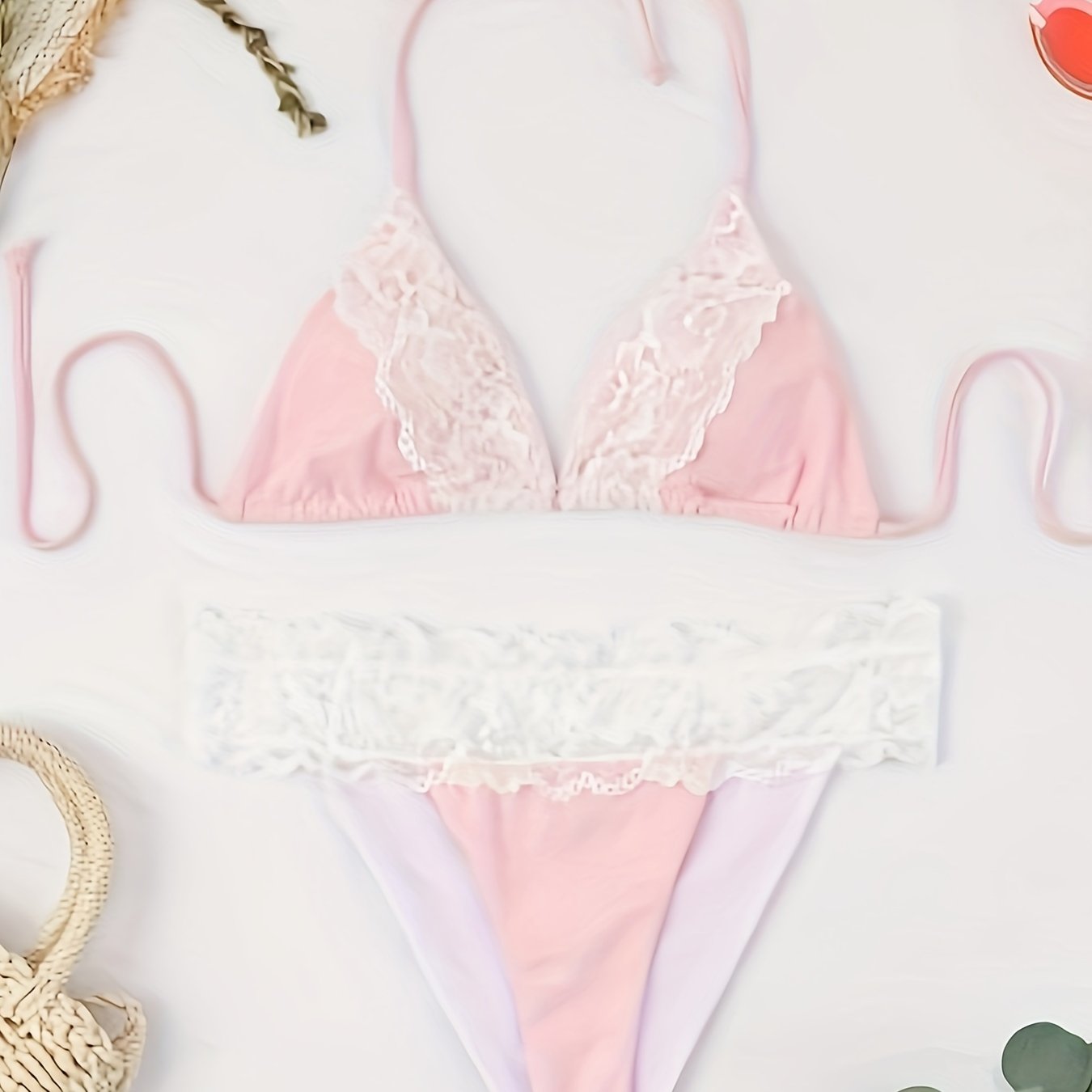 Riviera Glow Color Block Halter Bikini Set for Women – Deep V-Neck Lace Trim Two-Piece Flattering Swimsuit with Adjustable Tie Back & High-Cut Bottoms – Ultra-Stretch Polyamide Swimwear for Confident Summer Style