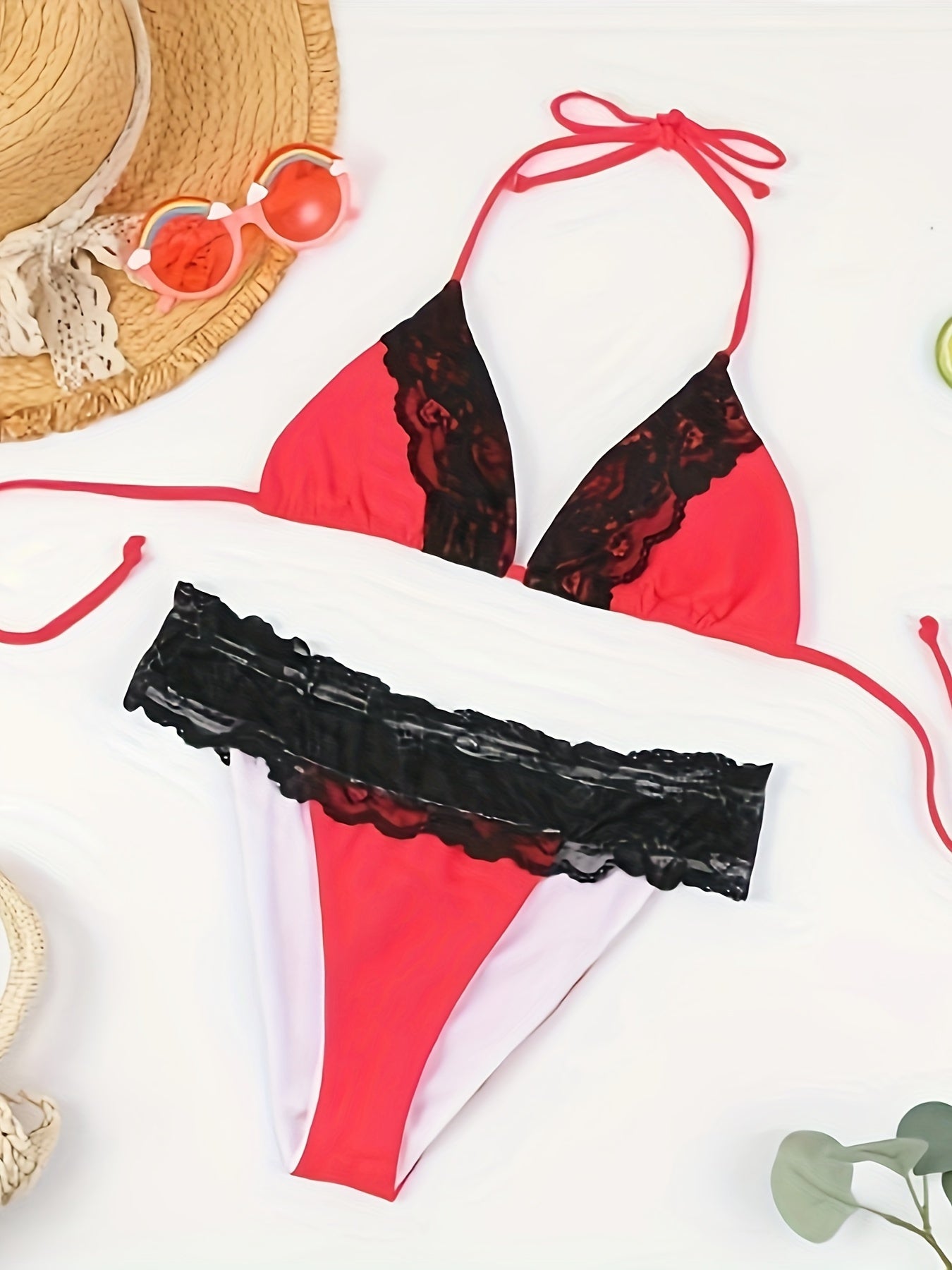 Riviera Glow Color Block Halter Bikini Set for Women – Deep V-Neck Lace Trim Two-Piece Flattering Swimsuit with Adjustable Tie Back & High-Cut Bottoms – Ultra-Stretch Polyamide Swimwear for Confident Summer Style