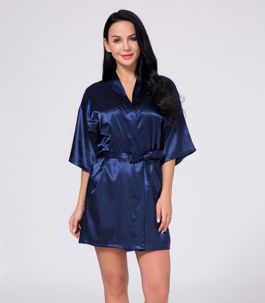 Luxury White Silk Women Bathrobe Soft Short Ladies Sleepwear Indoor Bathrobe Party Sleepwear With Waist Belt