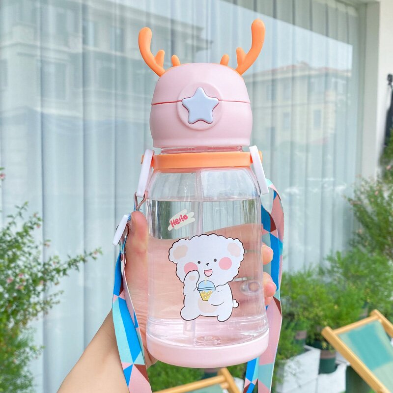 600ML Water Bottle Kids Drinking Cup Deer Antler Creative Cartoon Feeding Cup With Straw Leak Proof Water Bottle Outdoor Cartoon Horn Shaped Water Bottle With Straw And Handle Holder Removable Water Bottle For Easy Cleaning