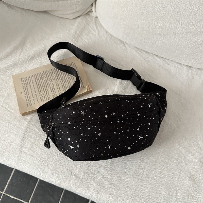 Black Starry Night Printed Fashion Fanny Pack New Studded Star Girls Shoulder Crossbody Bag Bum Bag For Daily Use Travel Stylish Belt Bag Waist Bag For Sports And Casual Use Festival Belt Waist Bag For Traveling