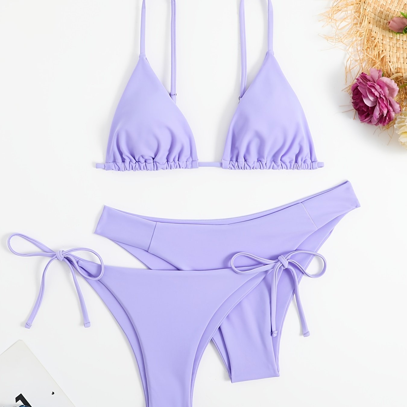 Essential Edge 3-Piece Bikini Set for Women – Solid Color High-Cut Triangle Top Two-Style Bottoms with Side Lace-Up Design & Quick-Drying Comfort – Versatile Women's Swimwear for Summer Pool Beach & Travel