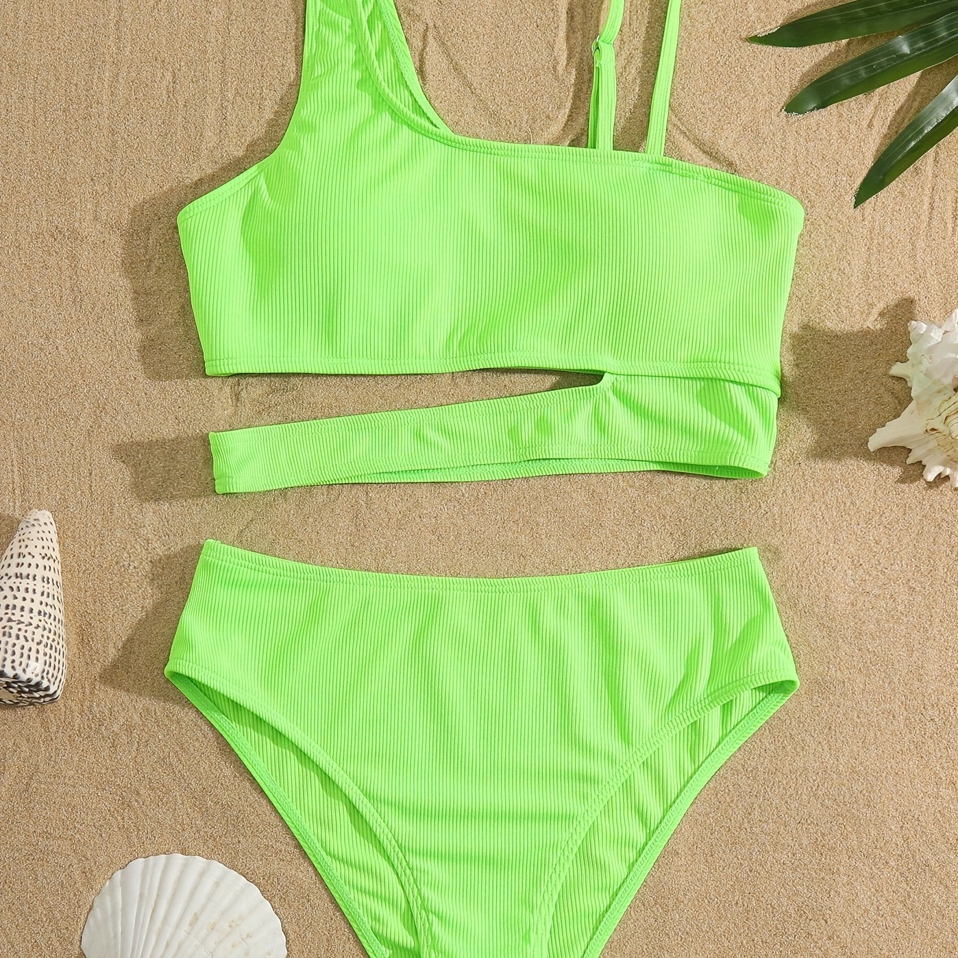 Bikini Asymmetrical Solid Color 2 Piece Swimsuit – Modern One Shoulder Unique Bikini Set for Women – High Stretch Contrast Trim Easy Care Swimwear for Beach Pool & Summer Getaways