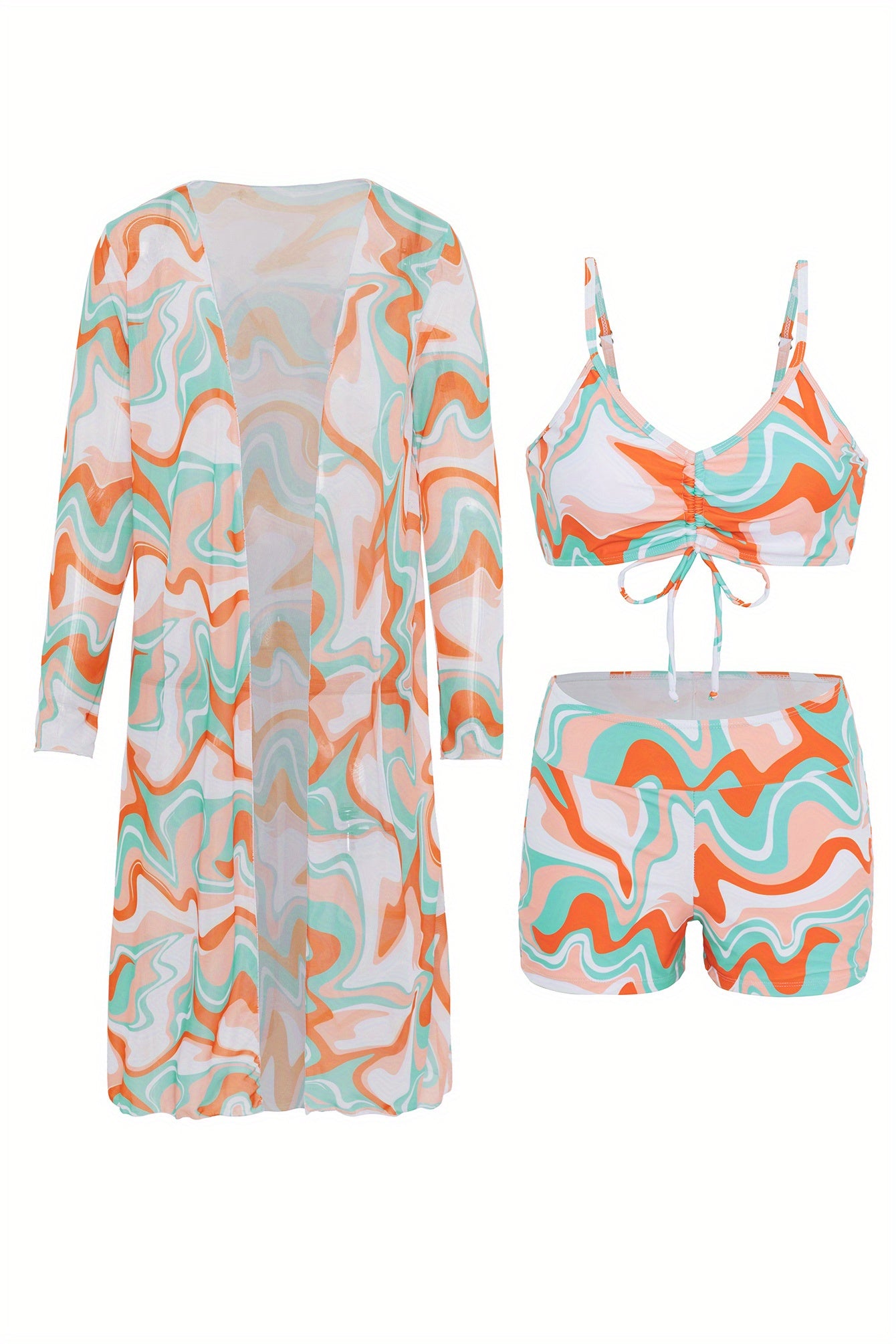 Luxe Lines 3-Piece Geometric Bikini Set for Women – High Rise Drawstring Bikini with Boxer Shorts & Long Sleeve Sheer Kimono Cover-Up – Bold & Breezy Women’s Swimwear for Summer Beach Pool & Getaways