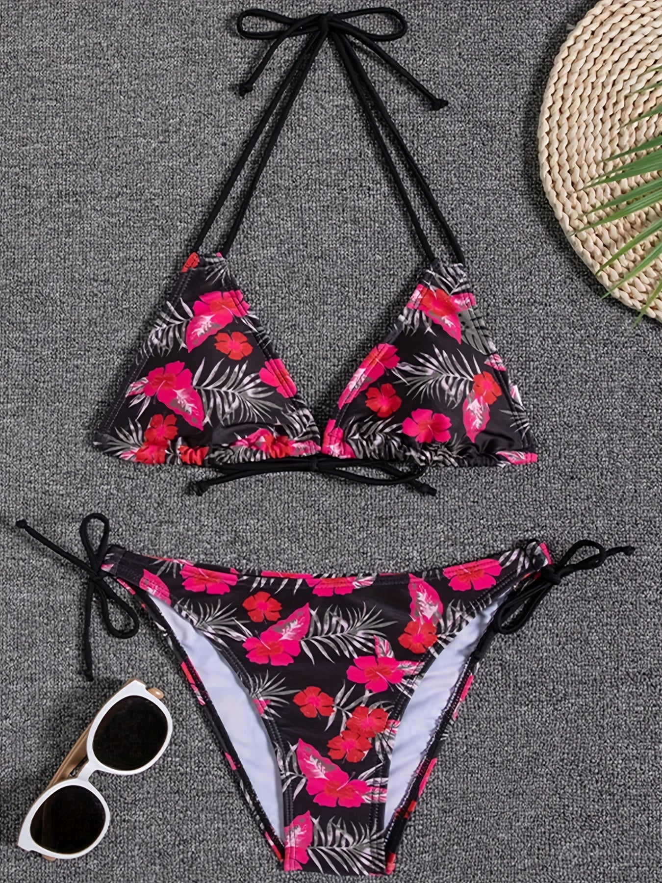 Sunset Bloom 2-Piece Triangle Bikini Set for Women – Vibrant Random Floral Print Halter Neck Swimsuit with Tie-Back Tie-Side Bottoms & High Cut Legs – Women's High-Stretch Swimwear for Summer Beach Escapes