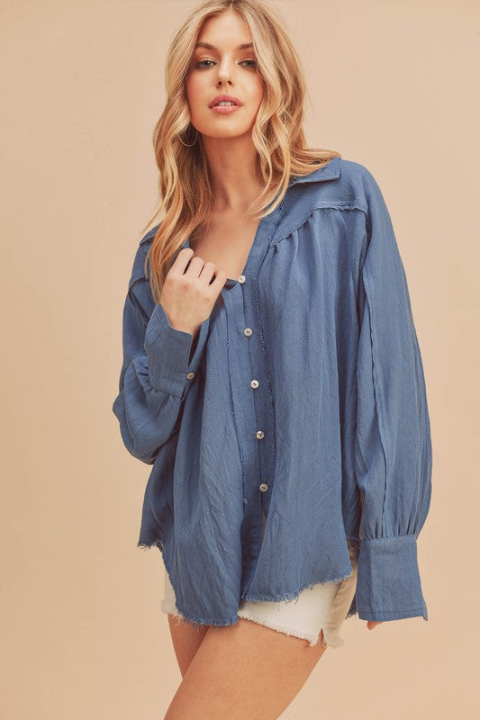 Raw Hem Button Down Raglan Sleeve Shirt For Women – Fashionable Comfortable Edgy Minimalist Style With a Relaxed Fit for Any Occasion