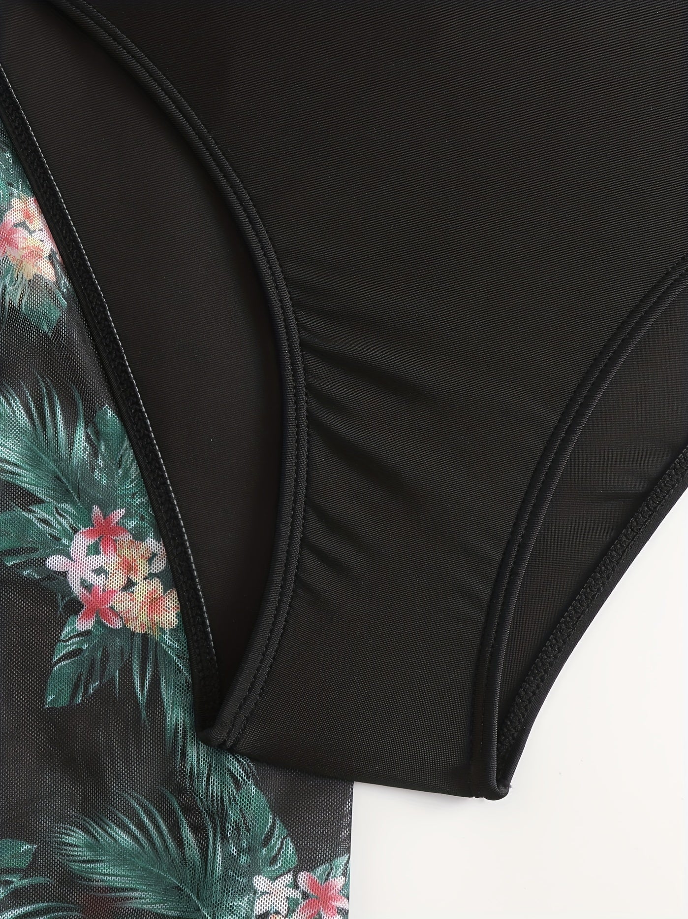 Bikini 3 Piece Tropical Print Swimsuit Set – High Stretch Comfortable Women's Bikini with Crew Neck Mesh Cover-Up – Chic Vacation Beachwear for Summer Casual Style & Poolside Glamour