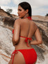 Bikini Solid Red Triangle Halter V Neck 2 Piece Swimsuit for Women – Stretchy Tie Back and Side Laced Bikini Set with Sexy Lace Up Detail – Bold Summer Swimwear for Beach Vacations Pool Parties and Sunbathing Style