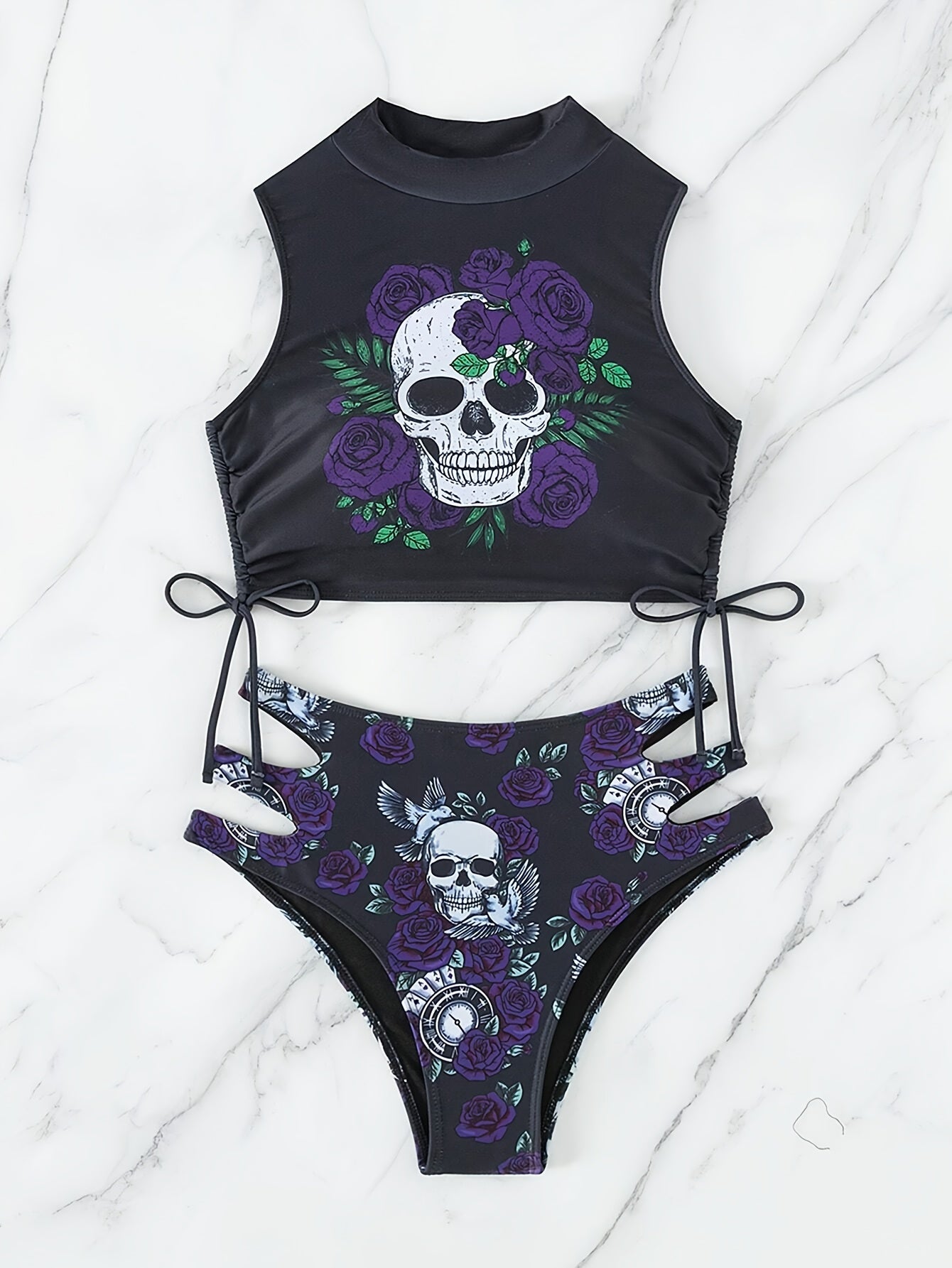 Bikini Skull Print Hollow-Out 2 Piece Swimsuit for Women – Sexy Lace-Up Floral Tie Bathing Suit with Crew Neck – High Stretch Halloween Inspired Bikini Set for Beach Party, Festival, and Summer Vacation